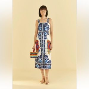 FARM Rio Off-White Flower Tapestry Midi Dress